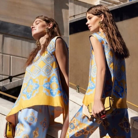 LA DOUBLEJ San Carlo Printed 100% Silk Twill Satin Scarf Top in Multi Size S - Picture 2 of 15